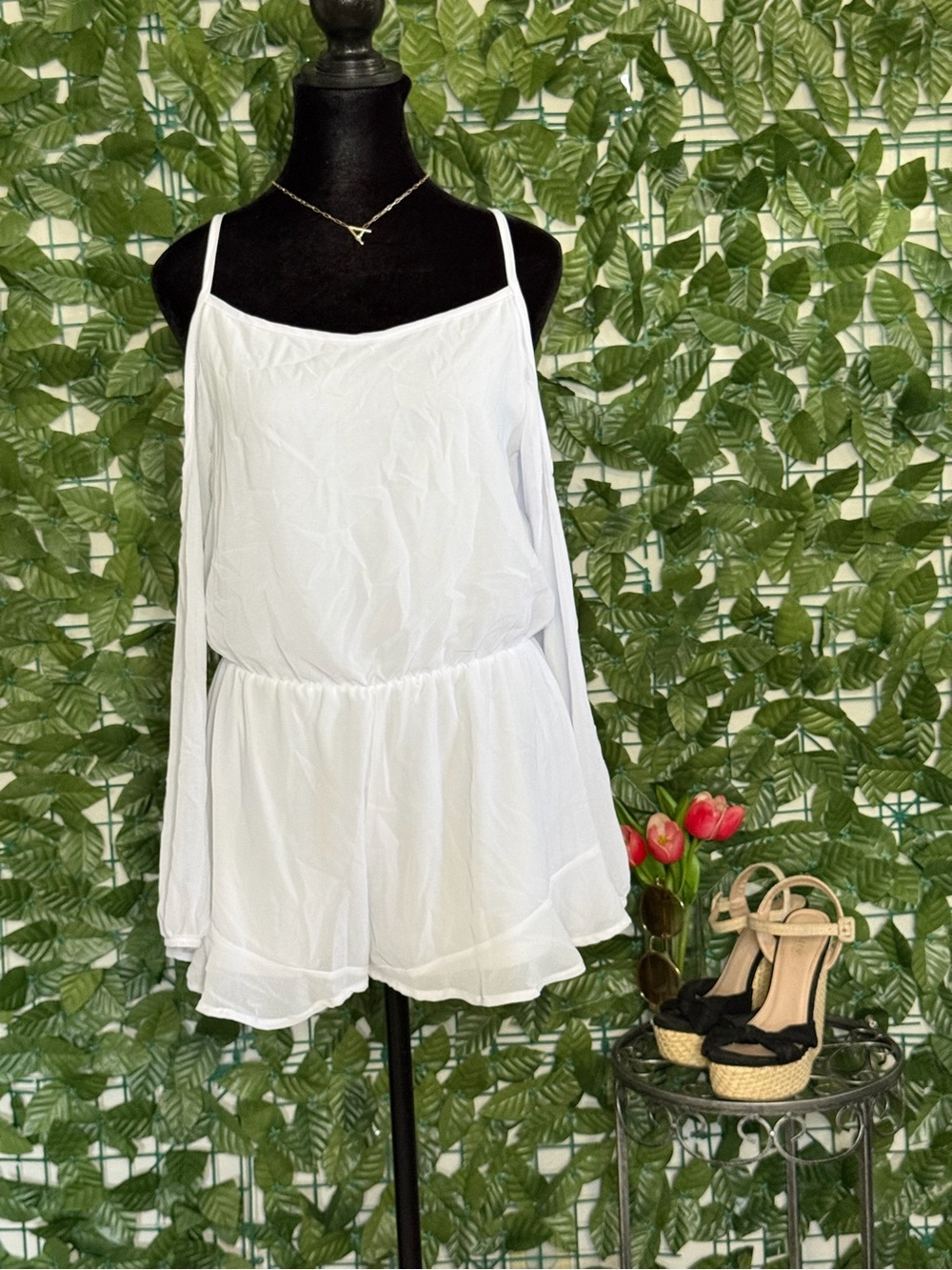 Krush White Spaghetti Strap Romper with Long Sleeve Overlay